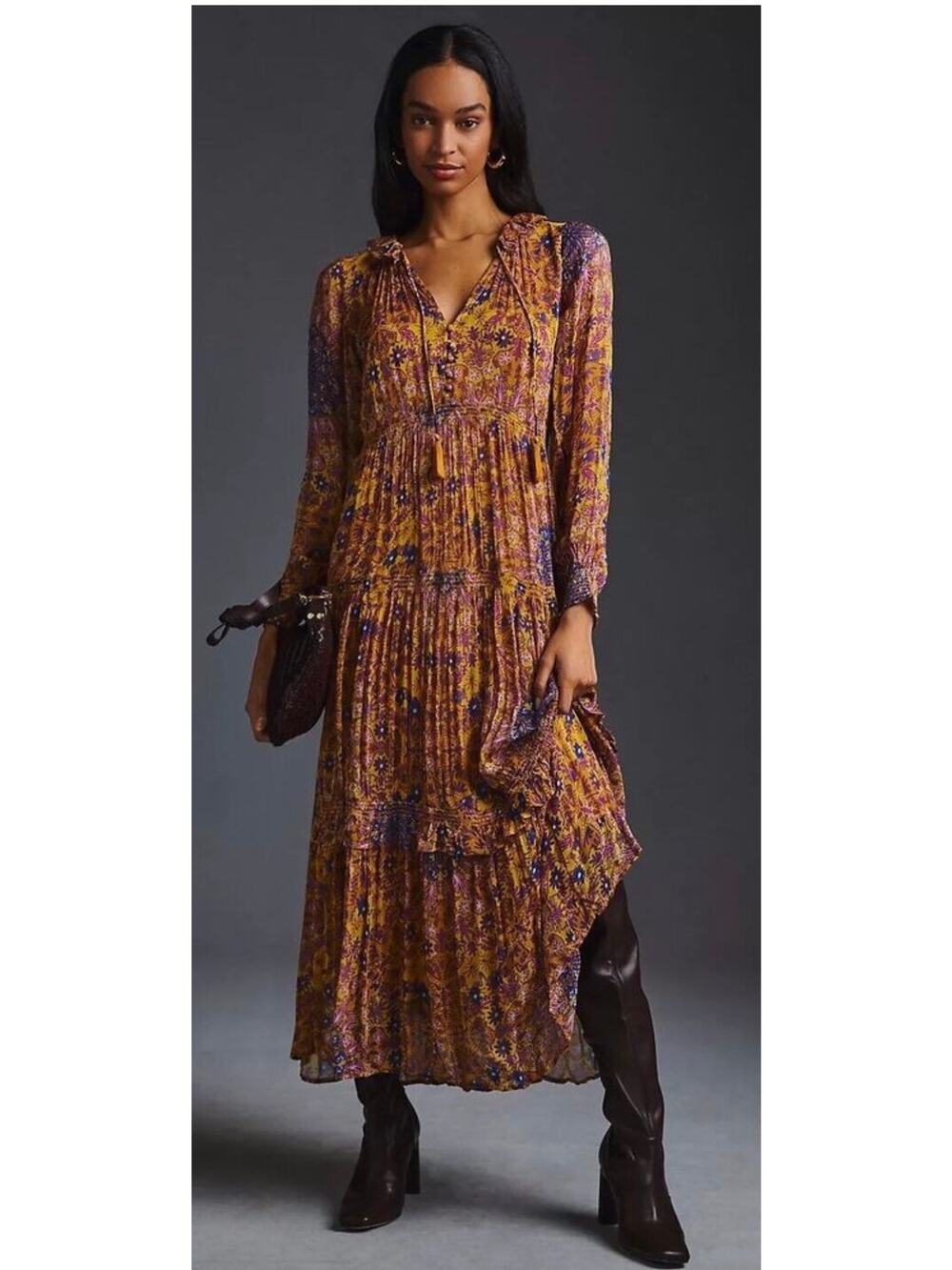 Anthropologie The Marais Printed Chiffon Tiered Maxi Dress, Medium Petite